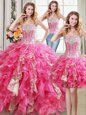 Three Piece Floor Length Lace Up Sweet 16 Quinceanera Dress Hot Pink and In for Military Ball and Sweet 16 and Quinceanera with Beading and Ruffles and Sequins