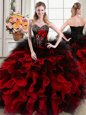 Charming Black and Red Ball Gowns Organza and Tulle Sweetheart Sleeveless Beading and Ruffles and Hand Made Flower Floor Length Lace Up Sweet 16 Quinceanera Dress