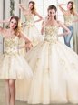 Attractive Four Piece Champagne Sleeveless Floor Length Beading Lace Up Sweet 16 Dress