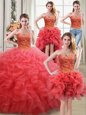 Four Piece Coral Red Sleeveless Beading and Ruffles Floor Length Quinceanera Gown