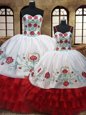 White And Red Ball Gowns Sweetheart Sleeveless Organza Floor Length Lace Up Embroidery and Ruffled Layers Sweet 16 Quinceanera Dress