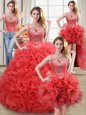 Four Piece Coral Red 15 Quinceanera Dress Military Ball and Sweet 16 and Quinceanera and For with Beading and Ruffles Straps Sleeveless Zipper