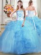 Light Blue Tulle Lace Up Quince Ball Gowns Sleeveless Floor Length Beading and Appliques and Ruffles