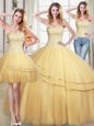 Three Piece Gold Sweet 16 Dresses Military Ball and Sweet 16 and Quinceanera and For with Beading and Sequins Sweetheart Sleeveless Lace Up