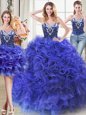 Flare Three Piece Sleeveless Floor Length Beading and Ruffles Lace Up Quince Ball Gowns with Royal Blue