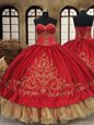 Beading and Embroidery Quince Ball Gowns Wine Red Lace Up Sleeveless Floor Length