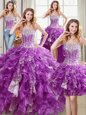 Four Piece Purple Organza Lace Up Sweetheart Sleeveless Floor Length Sweet 16 Dress Beading and Ruffles and Sequins