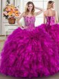 Classical Four Piece Sweetheart Sleeveless Lace Up Quinceanera Gowns Fuchsia Organza