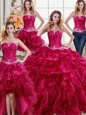 Free and Easy Four Piece Strapless Sleeveless Sweet 16 Dresses Floor Length Beading and Ruffles Fuchsia Organza