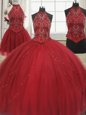 Stylish Three Piece Halter Top With Train Lace Up 15 Quinceanera Dress Red and In for Military Ball and Sweet 16 and Quinceanera with Beading Court Train