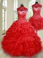 Gorgeous Three Piece Red High-neck Neckline Beading and Ruffles and Pick Ups Quinceanera Gowns Sleeveless Lace Up