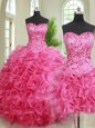 Three Piece Hot Pink Ball Gowns Organza Sweetheart Sleeveless Beading and Ruffles Floor Length Lace Up Ball Gown Prom Dress