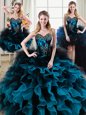 Traditional Four Piece Sweetheart Sleeveless Quinceanera Gowns Floor Length Beading and Ruffles and Hand Made Flower Black and Blue Organza and Tulle