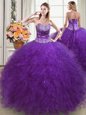 Eggplant Purple Lace Up Sweetheart Beading and Ruffles Quinceanera Gown Tulle Sleeveless