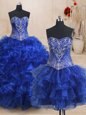 Amazing Three Piece Royal Blue Organza Lace Up Vestidos de Quinceanera Sleeveless With Brush Train Beading and Ruffles