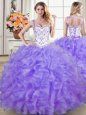 Straps Floor Length Lace Up Sweet 16 Dress Lavender and In for Military Ball and Sweet 16 and Quinceanera with Beading and Lace and Ruffles