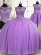Designer Three Piece Lilac Sweet 16 Quinceanera Dress Military Ball and Sweet 16 and Quinceanera and For with Beading and Appliques Scoop Sleeveless Lace Up