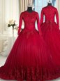 Scoop Clasp Handle Floor Length Wine Red Ball Gown Prom Dress Tulle Long Sleeves Beading and Lace and Bowknot