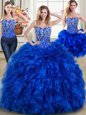 Three Piece Lace Up Sweet 16 Dresses Royal Blue and In for Military Ball and Sweet 16 and Quinceanera with Beading and Ruffles Brush Train