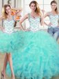 Hot Sale Three Piece Aqua Blue Ball Gowns Straps Sleeveless Organza Floor Length Lace Up Beading and Lace and Ruffles Quinceanera Gowns