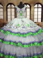 Three Piece White Organza Lace Up Straps Sleeveless Floor Length Quinceanera Gown Beading and Ruffles