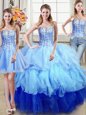 High Quality Three Piece Multi-color Sleeveless Floor Length Ruffles and Sequins Lace Up 15th Birthday Dress
