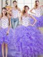 Pretty Four Piece Lavender Lace Up Straps Beading and Lace and Ruffles 15th Birthday Dress Organza Sleeveless