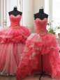 Stylish Three Piece Sleeveless Beading and Ruffled Layers Lace Up Sweet 16 Quinceanera Dress with White and Coral Red Brush Train