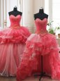 Stylish Three Piece Sleeveless Beading and Ruffled Layers Lace Up Sweet 16 Quinceanera Dress with White and Coral Red Brush Train