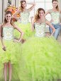 Four Piece Straps Sleeveless Floor Length Beading and Lace and Ruffles Lace Up Sweet 16 Dress with Yellow Green