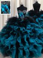 Suitable Black and Blue Organza and Tulle Lace Up Sweetheart Sleeveless Floor Length 15 Quinceanera Dress Beading and Ruffles and Hand Made Flower