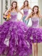 Three Piece Sleeveless Floor Length Beading and Ruffles and Sequins Lace Up Quinceanera Dress with Purple