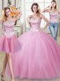 Three Piece Rose Pink Sleeveless Tulle Lace Up Sweet 16 Dresses for Military Ball and Sweet 16 and Quinceanera