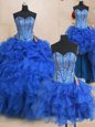 Four Piece Royal Blue Quinceanera Gown Military Ball and Sweet 16 and Quinceanera and For with Beading and Ruffles Sweetheart Sleeveless Lace Up