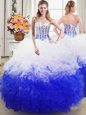 Top Selling Blue And White Organza Lace Up Quinceanera Gown Sleeveless Floor Length Beading and Ruffles