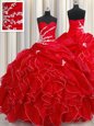 Exquisite Red Ball Gowns Beading and Ruffles and Pick Ups 15 Quinceanera Dress Lace Up Organza Sleeveless Floor Length