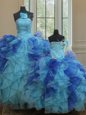 Blue Sleeveless Floor Length Beading and Ruffles Lace Up 15th Birthday Dress