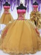 Four Piece Hot Pink and Gold Organza and Taffeta Lace Up Strapless Sleeveless With Train Sweet 16 Quinceanera Dress Brush Train Beading and Lace and Ruffles