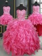 Flirting Four Piece Ball Gowns Quinceanera Dresses Hot Pink Sweetheart Organza Sleeveless Floor Length Lace Up
