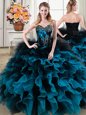 Custom Made Black and Blue Lace Up Sweet 16 Quinceanera Dress Beading and Ruffles and Hand Made Flower Sleeveless Floor Length