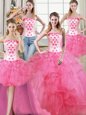 Four Piece Hot Pink Tulle Lace Up Quinceanera Dresses Sleeveless Floor Length Beading and Appliques and Ruffles