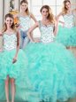 Glorious Four Piece Straps Floor Length Ball Gowns Sleeveless Aqua Blue Vestidos de Quinceanera Lace Up