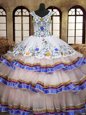 Straps Organza and Taffeta Sleeveless Floor Length 15th Birthday Dress and Embroidery and Ruffled Layers