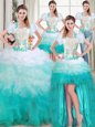 Romantic Four Piece Sleeveless Floor Length Beading and Appliques and Ruffles Lace Up 15th Birthday Dress with Multi-color