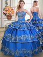 Fabulous Sleeveless Taffeta Floor Length Lace Up 15 Quinceanera Dress in Blue for with Beading and Embroidery and Ruffled Layers