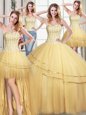 Four Piece Gold Tulle Lace Up Sweetheart Sleeveless Floor Length Sweet 16 Dress Beading and Sequins