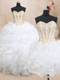Three Piece White Sleeveless Floor Length Beading and Ruffles Lace Up Sweet 16 Dress
