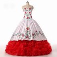 White and Red Lace Up Ball Gown Prom Dress Embroidery and Ruffled Layers Sleeveless Floor Length