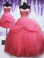 Three Piece Rose Pink Sleeveless Beading and Bowknot Floor Length Sweet 16 Quinceanera Dress