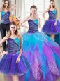 Admirable Four Piece Multi-color Ball Gowns Sweetheart Sleeveless Tulle Floor Length Lace Up Beading and Ruffles Quinceanera Gown